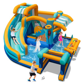 Children playing on an inflatable water slide and play area with slides and pools.