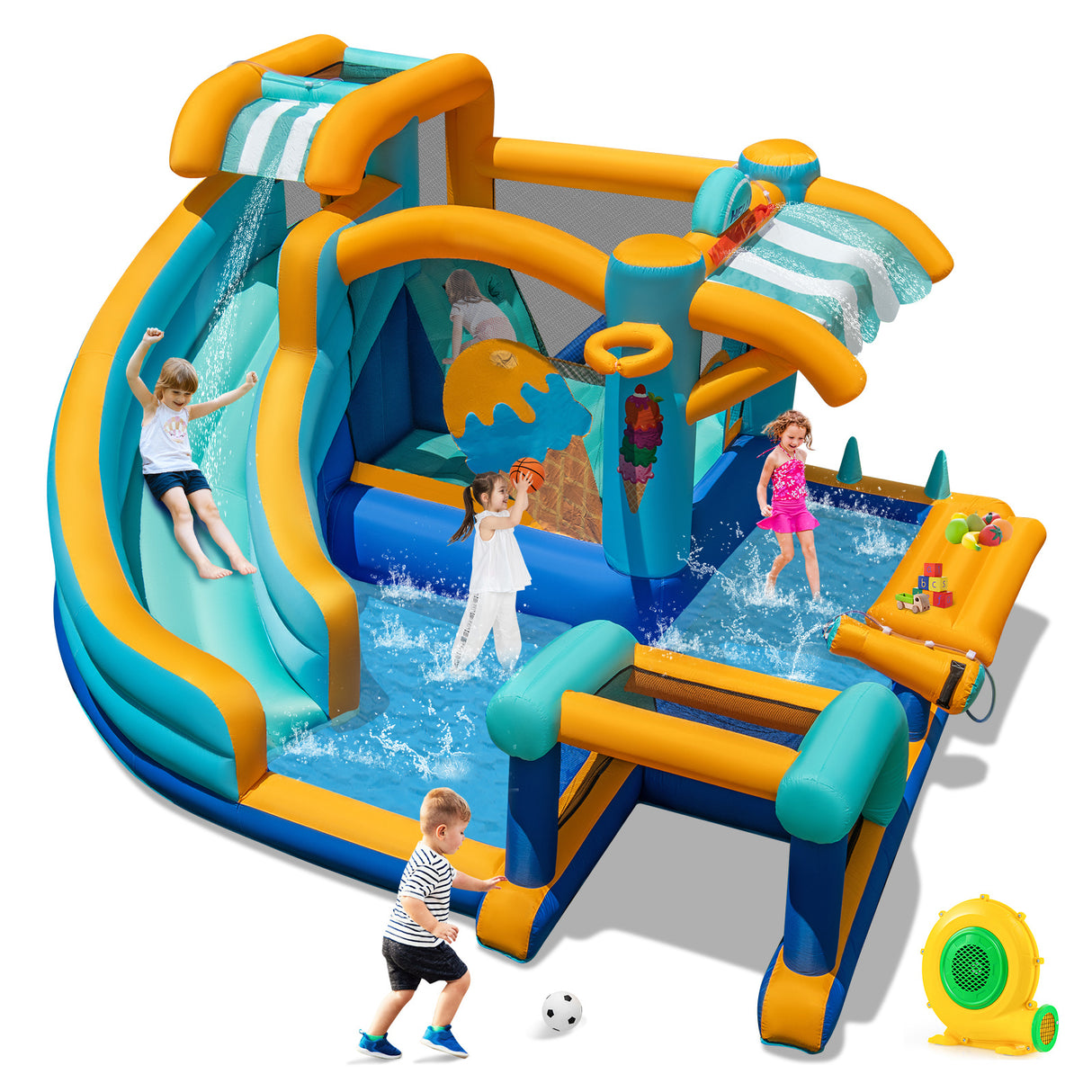 Inflatable Water Park with Market Stand, Water Slide with Climbing Wall for Birthday Party