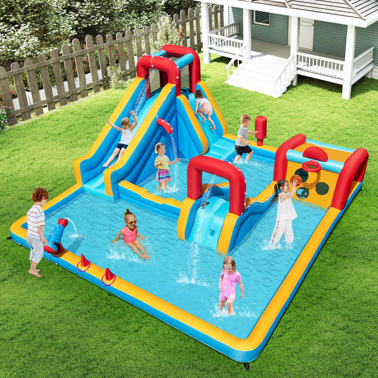 Inflatable Water Park, Water Slide with Climbing Wall Jumping House for Birthday Party