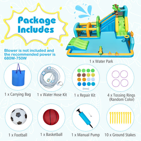 Inflatable water park with package contents listed including blower, carrying bag, water hose kit, repair kit, and toys.