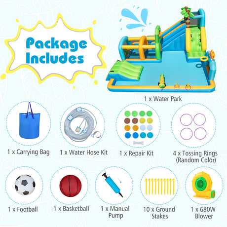 Inflatable water park with package contents listed on a white background