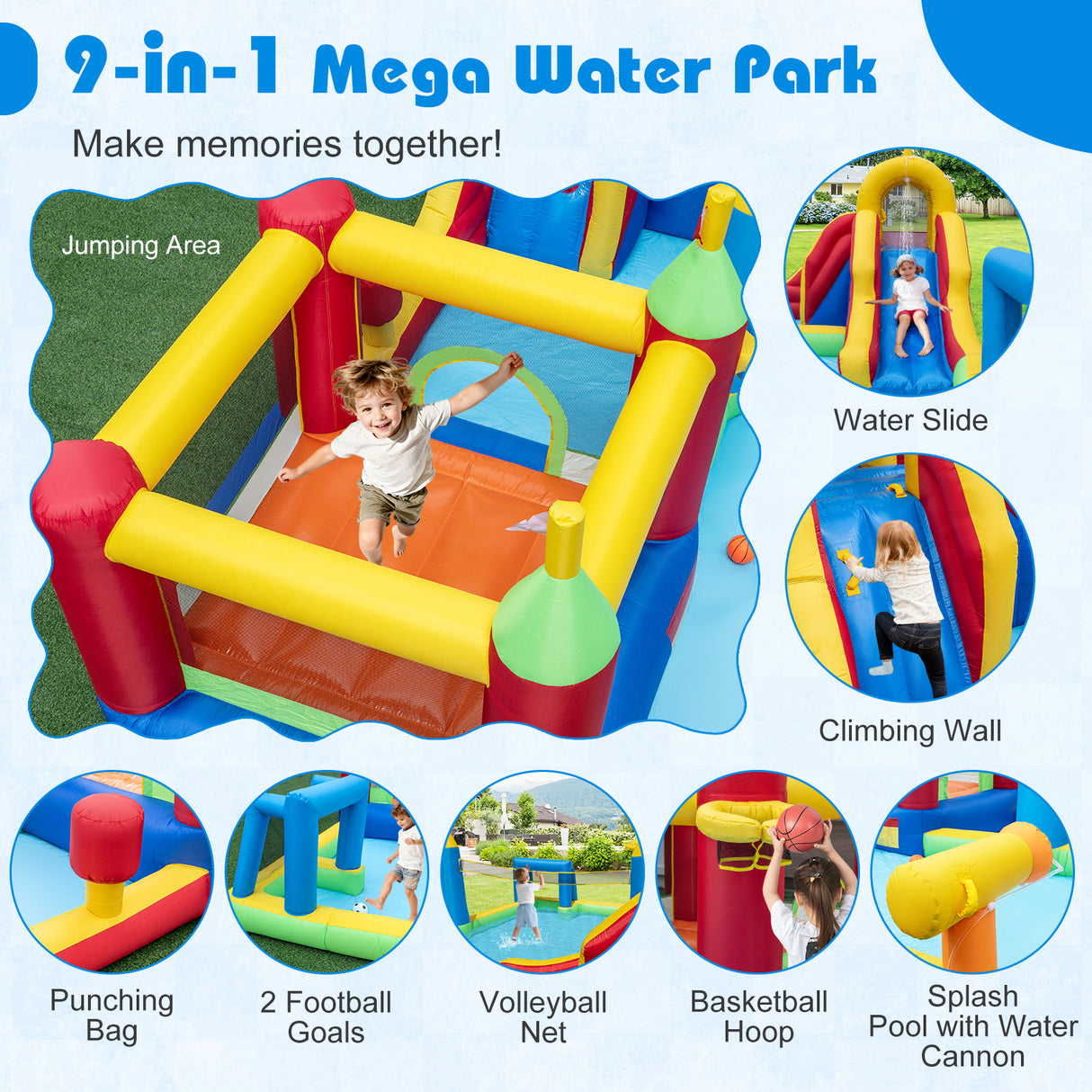 Inflatable Water Slide Bounce House, 9-in-1 Jumping Castle with Climbing Wall