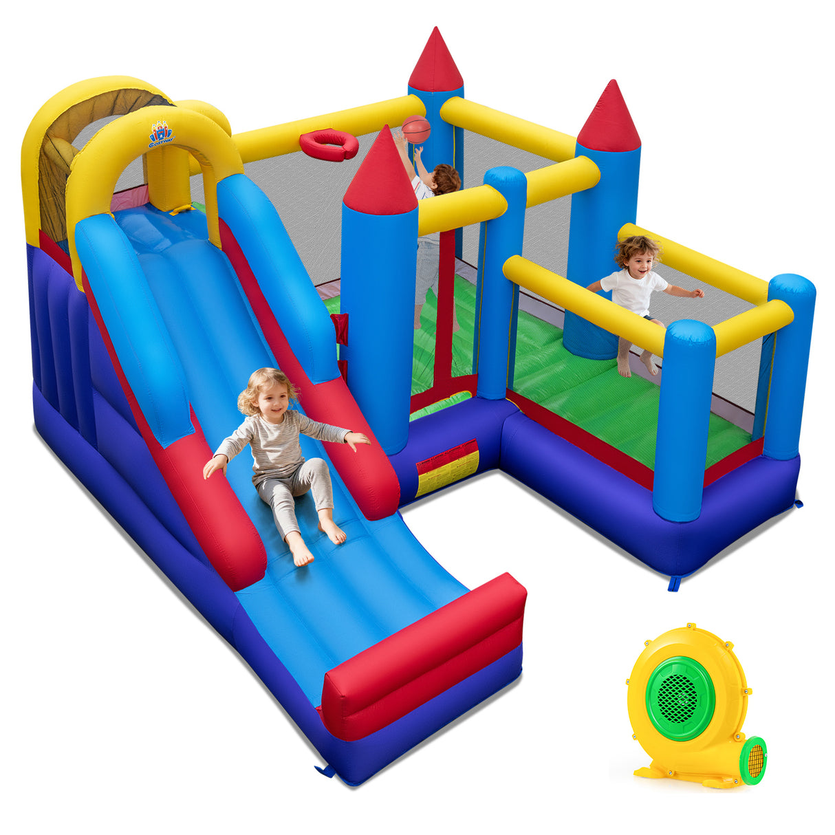 HONEY JOY Inflatable Bounce House, Jumping Castle w/Slide, Climbing Wall, Basketball Rim