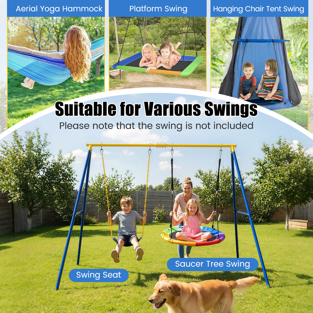 HONEY JOY Kids Swing Set, A-Frame Swing Stand with 2-Pack Swing Sets, 300 kg Weight Capacity Swing Sets