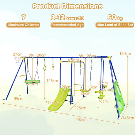 Measurement chart of a children's swing set with dimensions and specifications.