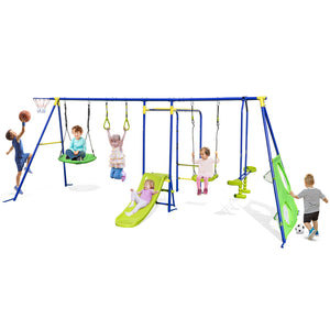 Children playing on a colorful playground set with swings, slide, and basketball hoop.