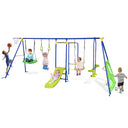 Children playing on a colorful playground set with swings, slide, and basketball hoop.
