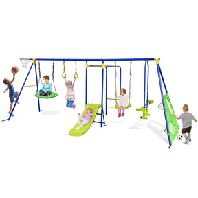 Children playing on a colorful playground set with swings, slide, and basketball hoop.
