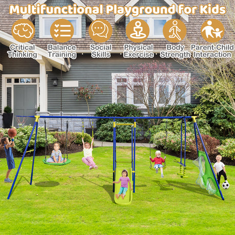 Children playing on a playground set with text highlighting its benefits.