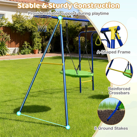 Children's swing set with A-shaped frame, reinforced crossbars, and ground stakes on grassy area.