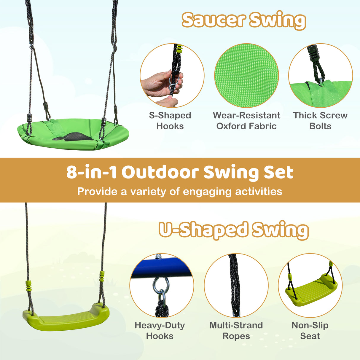 7-in-1 Outdoor Swing Set with Ground Stakes for Garden/Backyard/Park