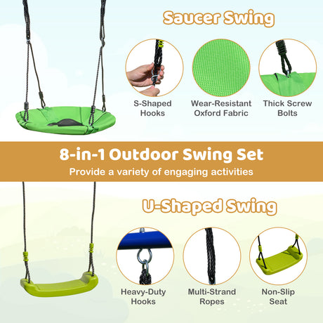 Green saucer swing and U-shaped swing with features highlighted on a white background