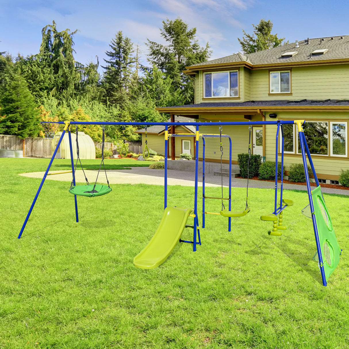 7-in-1 Outdoor Swing Set with Ground Stakes for Garden/Backyard/Park