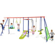 Children's playground set with swings, slide, and basketball hoop on a white background