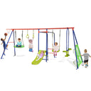 Children's playground set with swings, slide, and basketball hoop on a white background