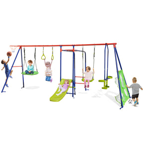 Children's playground set with swings, slide, and basketball hoop on a white background