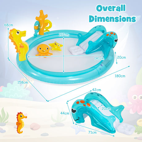 Inflatable Play Center, Marine Life Spray Pool with Slide, Seahorse-shaped Sprinkle
