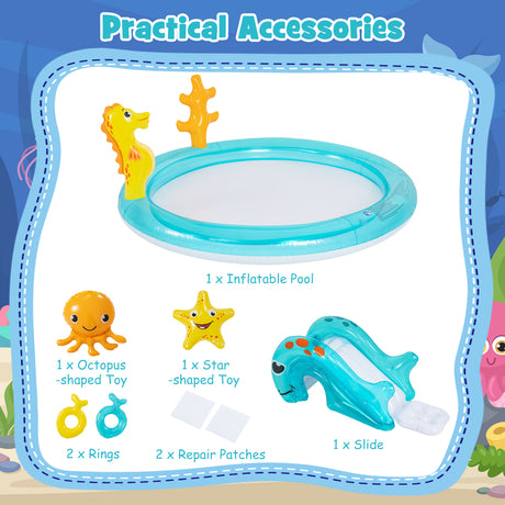 Inflatable Play Center, Marine Life Spray Pool with Slide, Seahorse-shaped Sprinkle