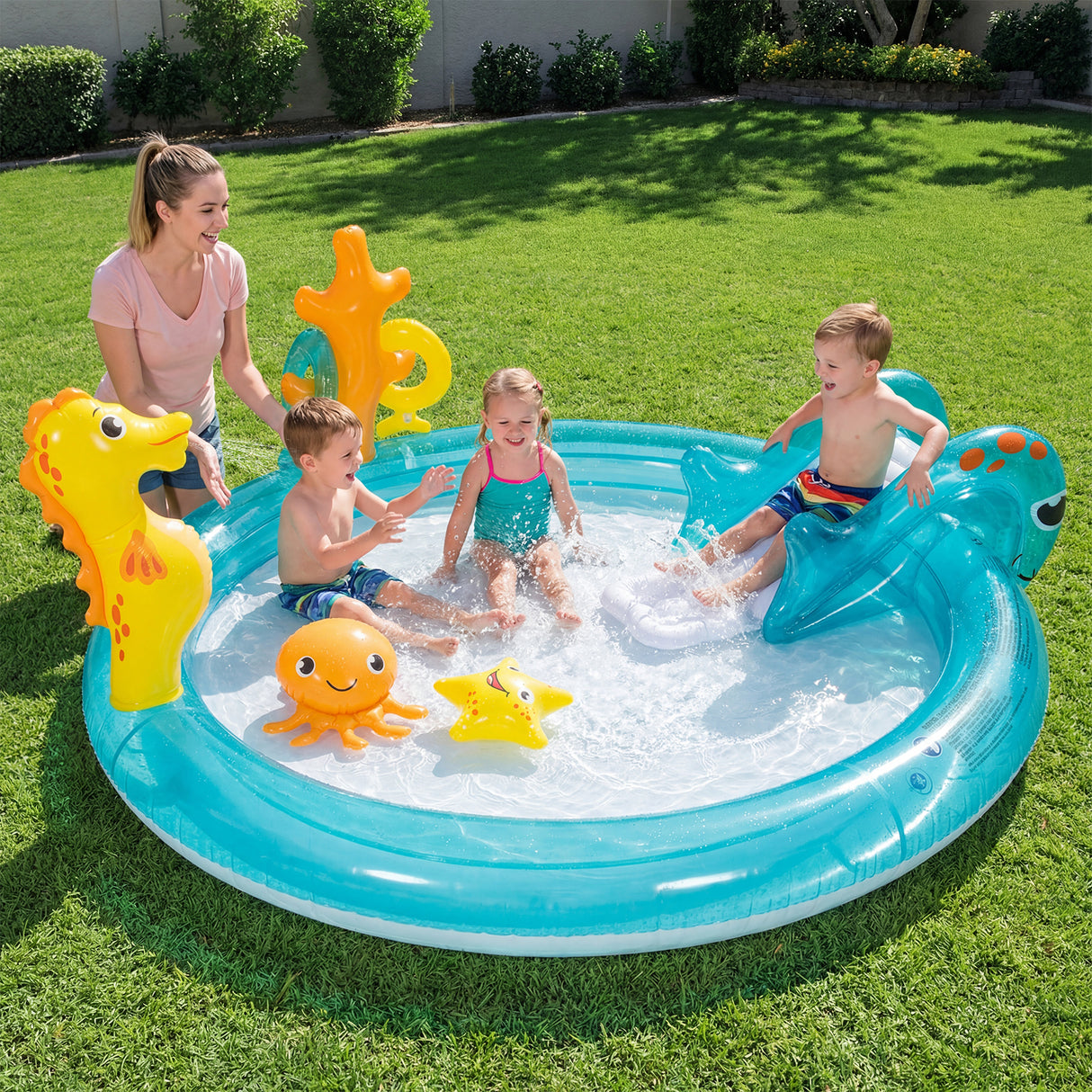 Inflatable Play Center, Marine Life Spray Pool with Slide, Seahorse-shaped Sprinkle