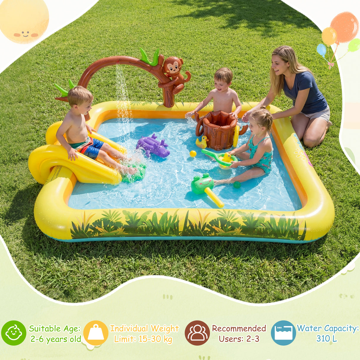 Inflatable Play Center, Animal Spray Pool with Slide, Arch-shaped Sprinkle