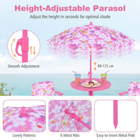 Kids Picnic Table with 2 Folding Chairs and Height Adjustable Umbrella for Garden