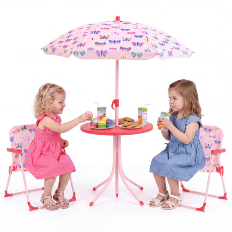 Kids Picnic Table with 2 Folding Chairs and Height Adjustable Umbrella for Garden