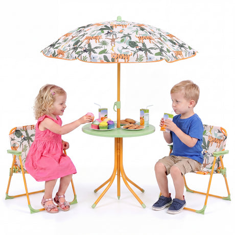Kids Picnic Table with 2 Folding Chairs and Height Adjustable Umbrella for Garden