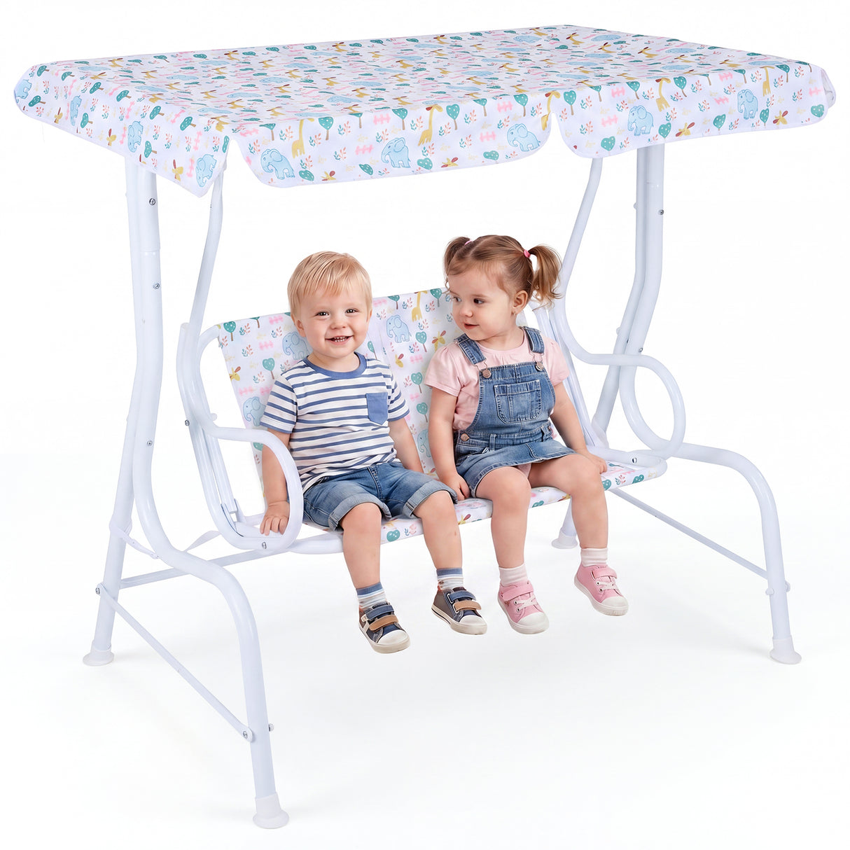 2-Seater Kids Porch Swing with Adjustable Canopy for Backyard and Garden
