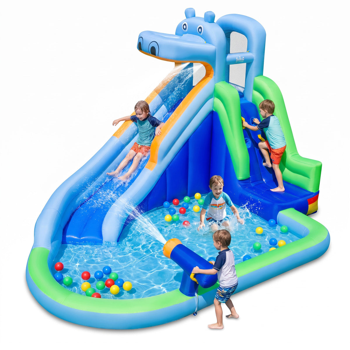 4-in-1 Hippo-Themed Inflatable Water Slide for Kids Backyard