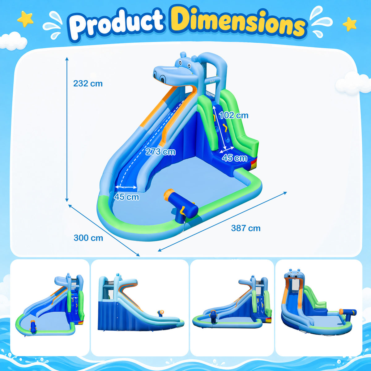 4-in-1 Hippo-Themed Inflatable Water Slide for Kids Backyard