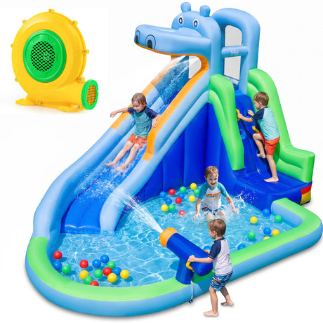 4-in-1 Hippo-Themed Inflatable Water Slide for Kids Backyard