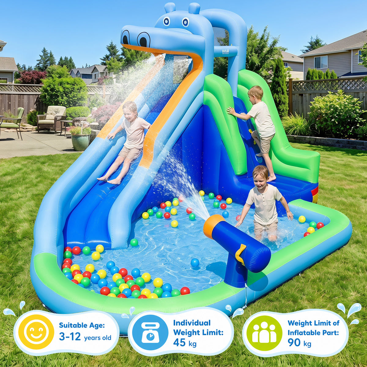 4-in-1 Hippo-Themed Inflatable Water Slide for Kids Backyard