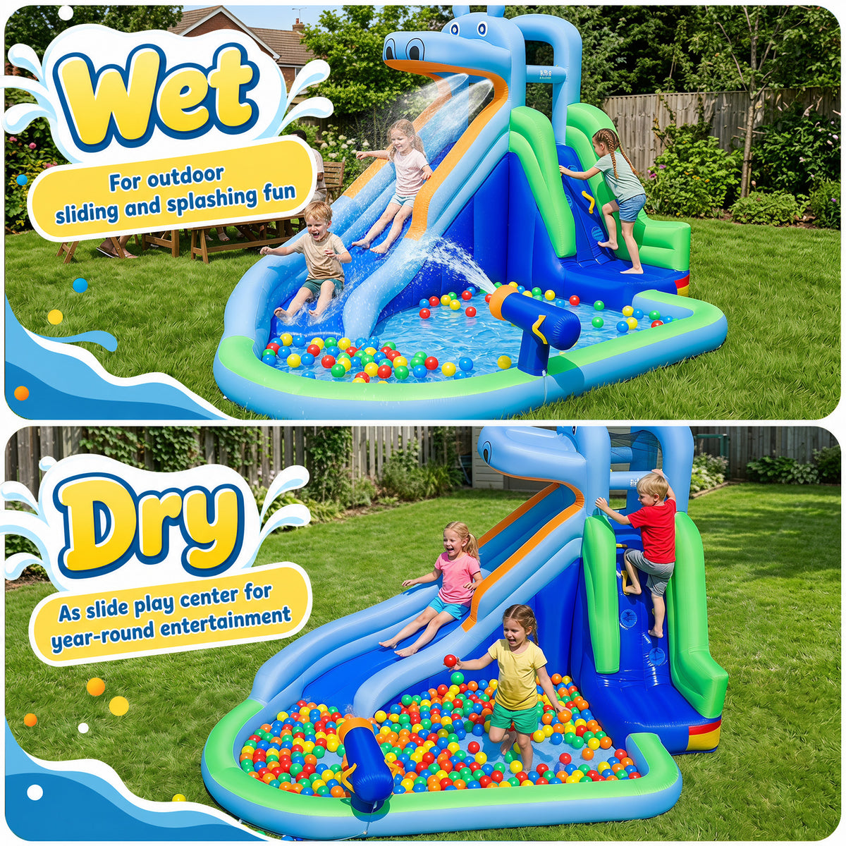 4-in-1 Hippo-Themed Inflatable Water Slide for Kids Backyard