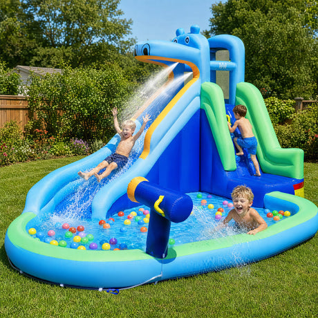 4-in-1 Hippo-Themed Inflatable Water Slide for Kids Backyard