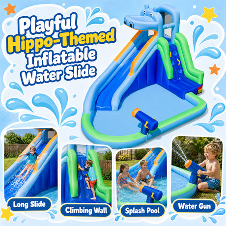 4-in-1 Hippo-Themed Inflatable Water Slide for Kids Backyard