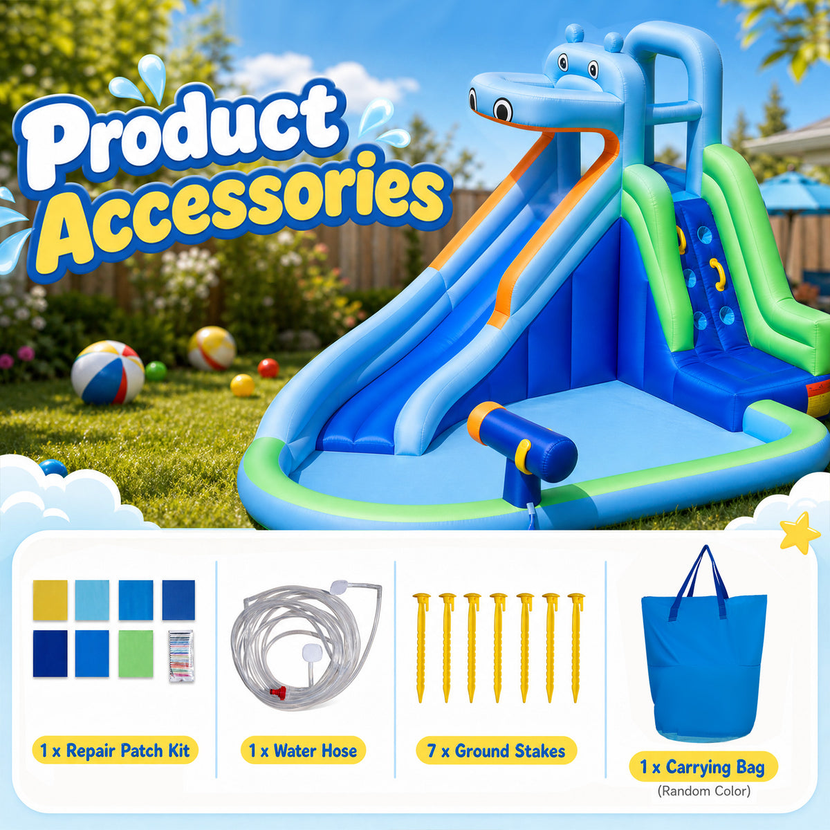 4-in-1 Hippo-Themed Inflatable Water Slide for Kids Backyard
