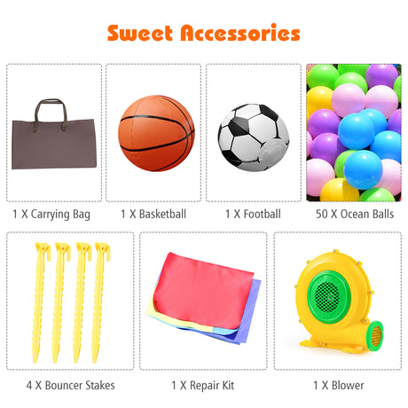 Collection of sports balls, carrying bag, bouncer stakes, repair kit, and blower with 'Sweet Accessories' branding.