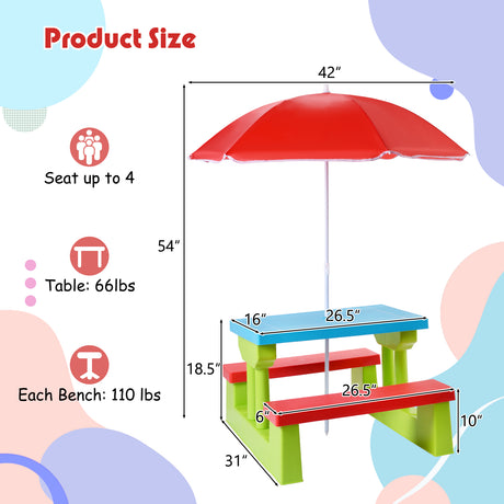 HONEY JOY Kids Picnic Table Set, Table Bench Set for Toddlers w/Removable Umbrella