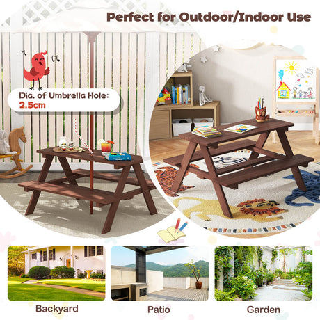 Wooden picnic table with benches in various settings including indoor and outdoor use.