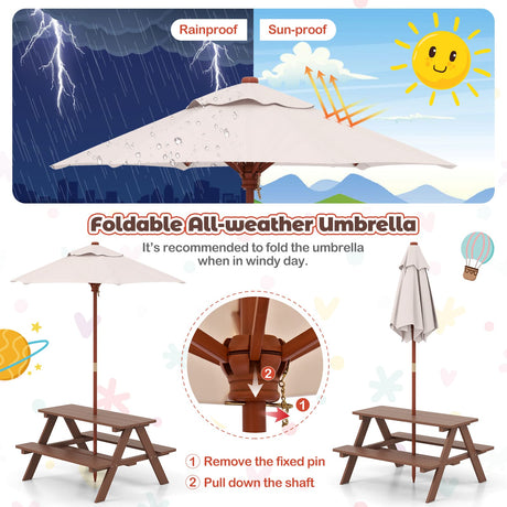 Foldable all-weather umbrella with rainproof and sun-proof features, shown with a picnic table.