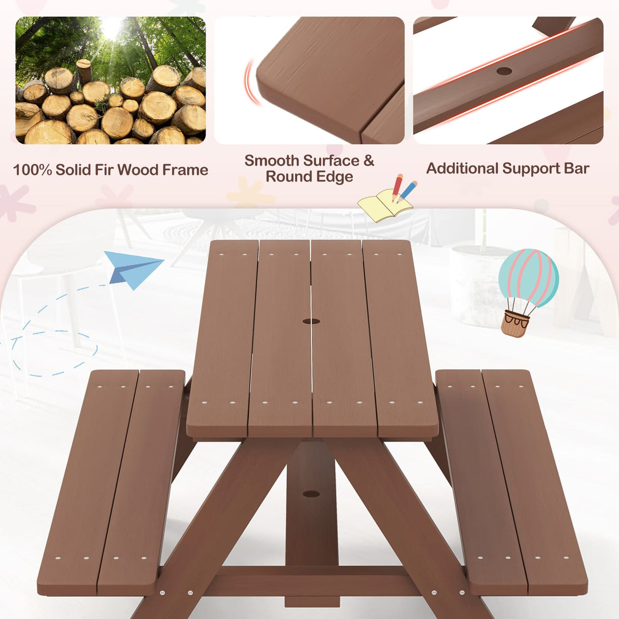 Brown wooden picnic table with benches on a white background, featuring text about wood frame quality.