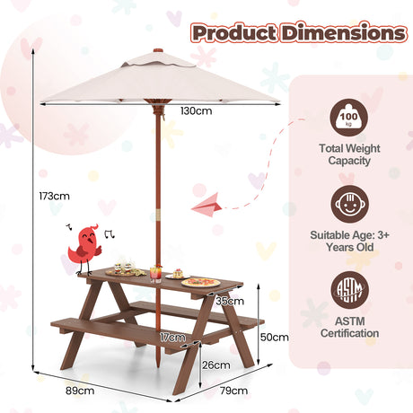 Wooden picnic table with umbrella and dimensions on a colorful background