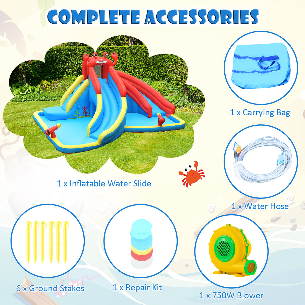 HONEY JOY Inflatable Water Slide, 7 in 1 Giant Water Park Double Long Slide w/Splash Pool, Tunnel Adventure (Without Blower)