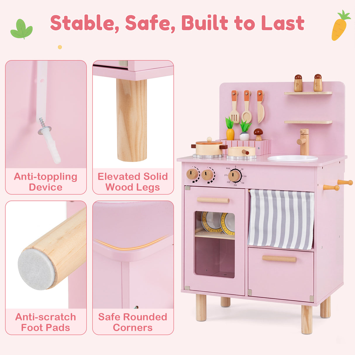 Toddler Kitchen Playset w/ Stoves, Faucet, Sink, Pretend Play Food, Cookware Accessories