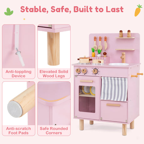 Toddler Kitchen Playset w/ Stoves, Faucet, Sink, Pretend Play Food, Cookware Accessories