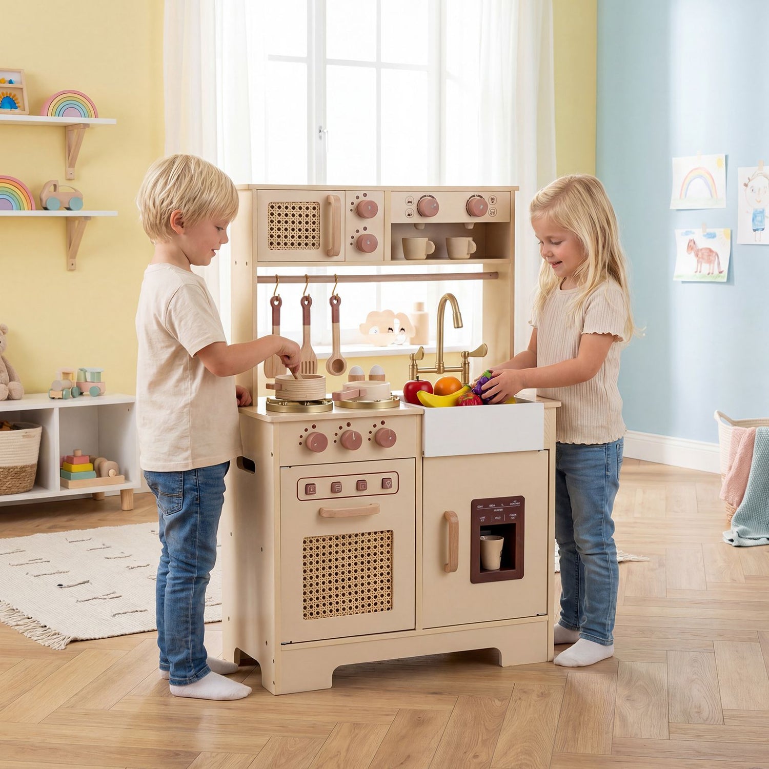 Play Kitchen for Kids Wooden Kitchen Playset with Realistic Lights and Sounds