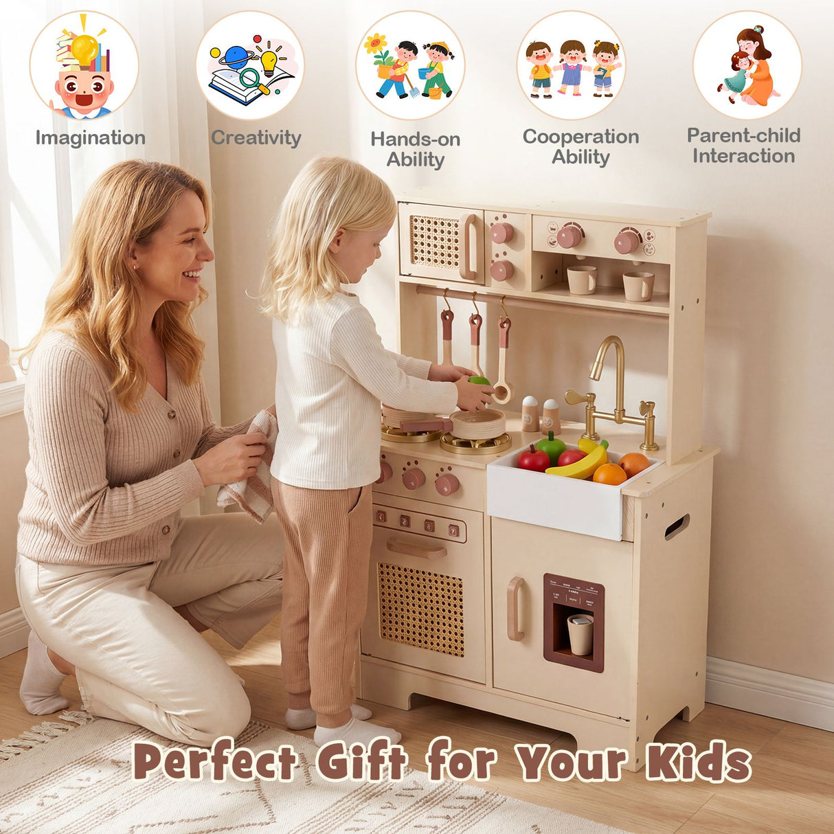 Play Kitchen for Kids Wooden Kitchen Playset with Realistic Lights and Sounds