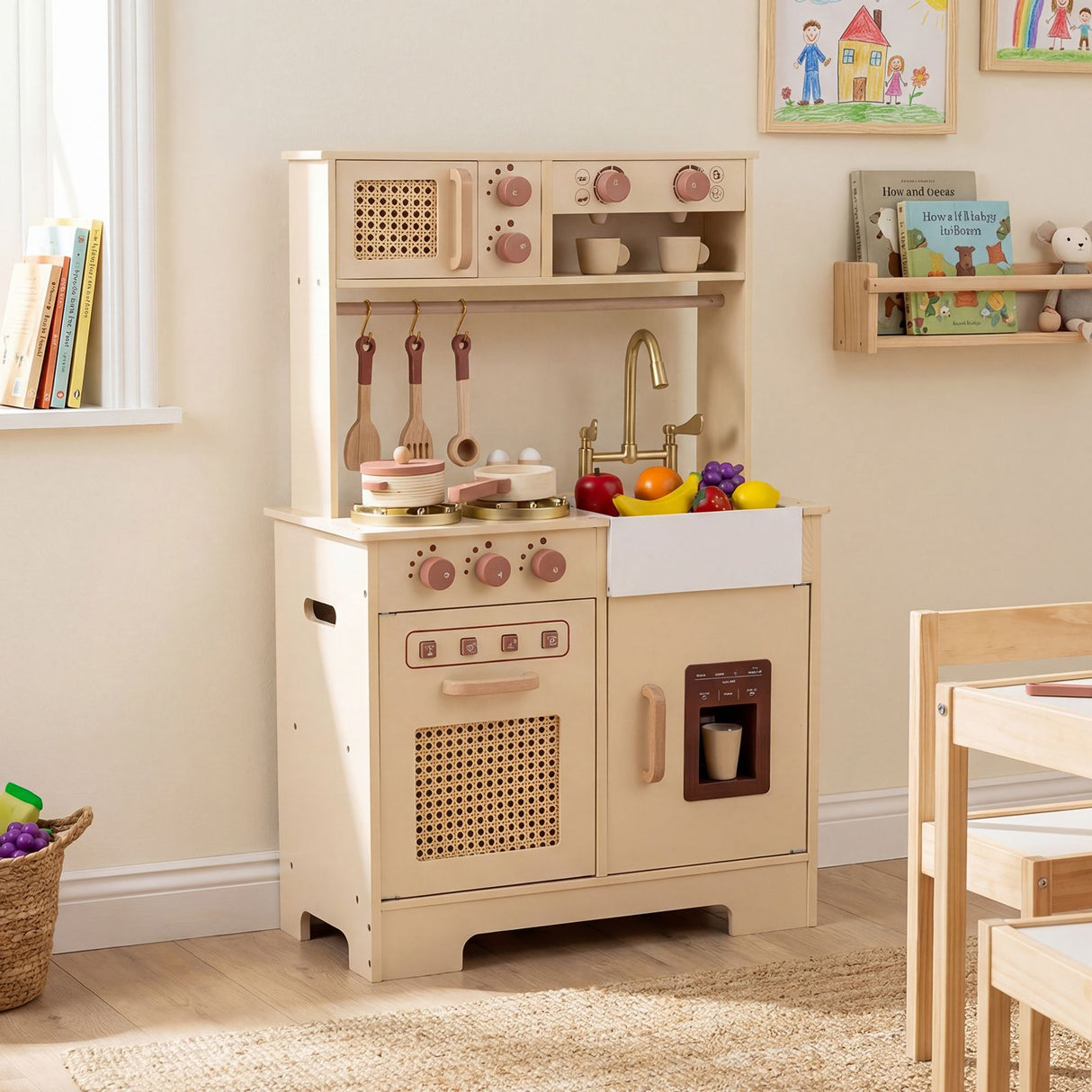 Play Kitchen for Kids Wooden Kitchen Playset with Realistic Lights and Sounds