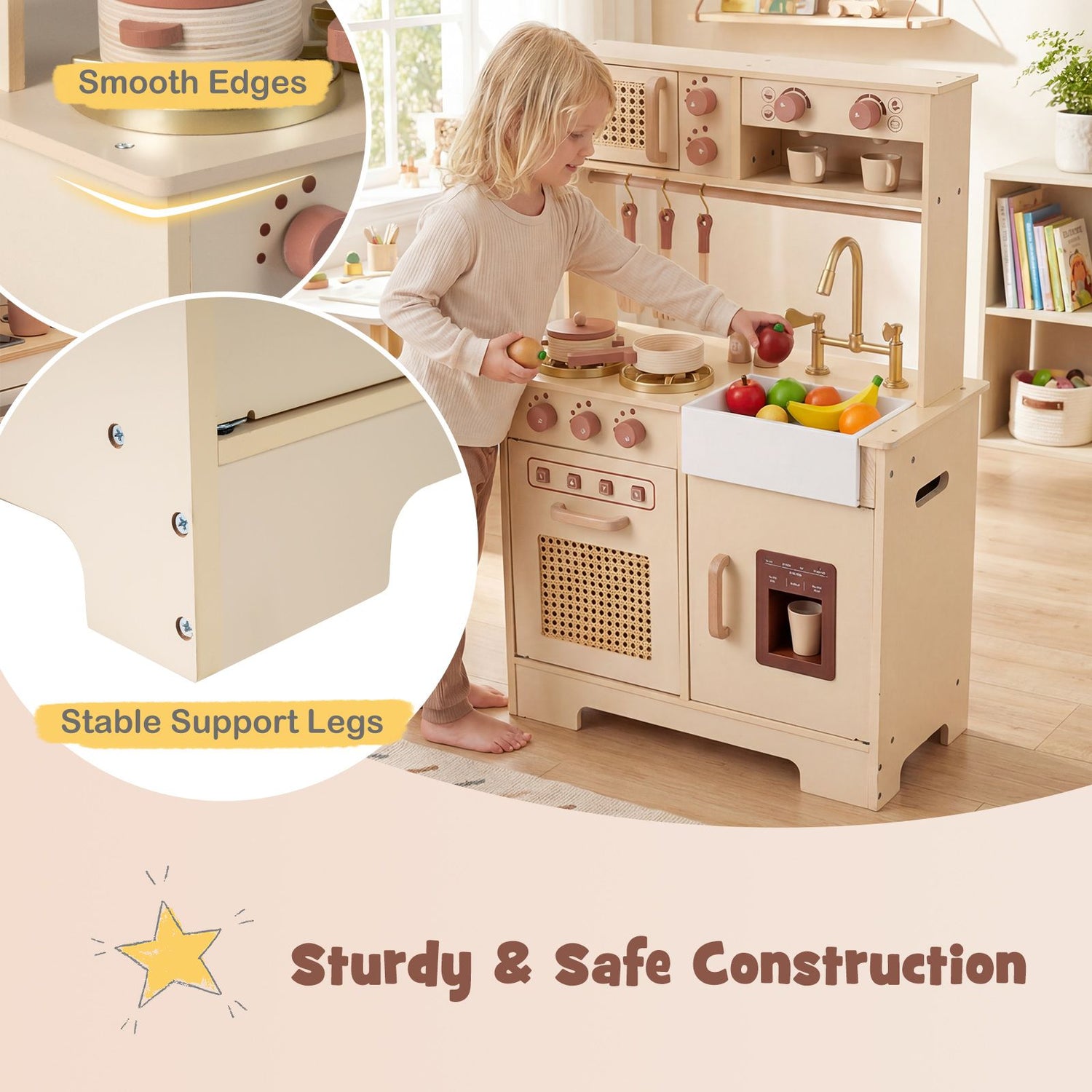 Play Kitchen for Kids Wooden Kitchen Playset with Realistic Lights and Sounds