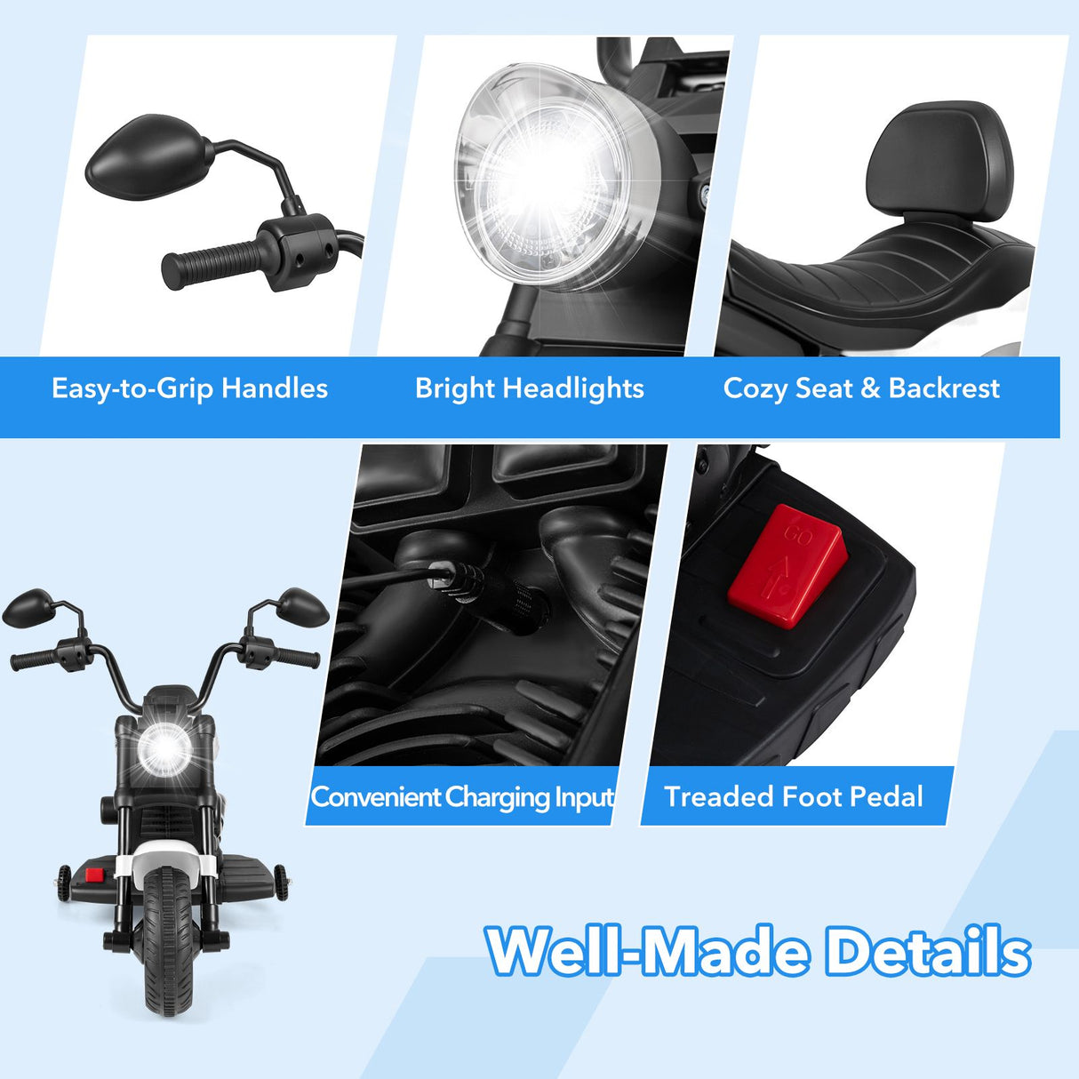 6V Battery Powered Ride on Toy with Detachable Training Wheels and Music